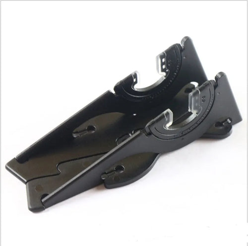 A plastic card-shaped mobile phone holder with a lazy bracket, shown on a desktop.