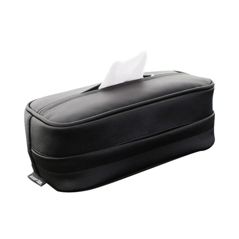 Black PU leather car hanging storage organiser bag shown with documents inside