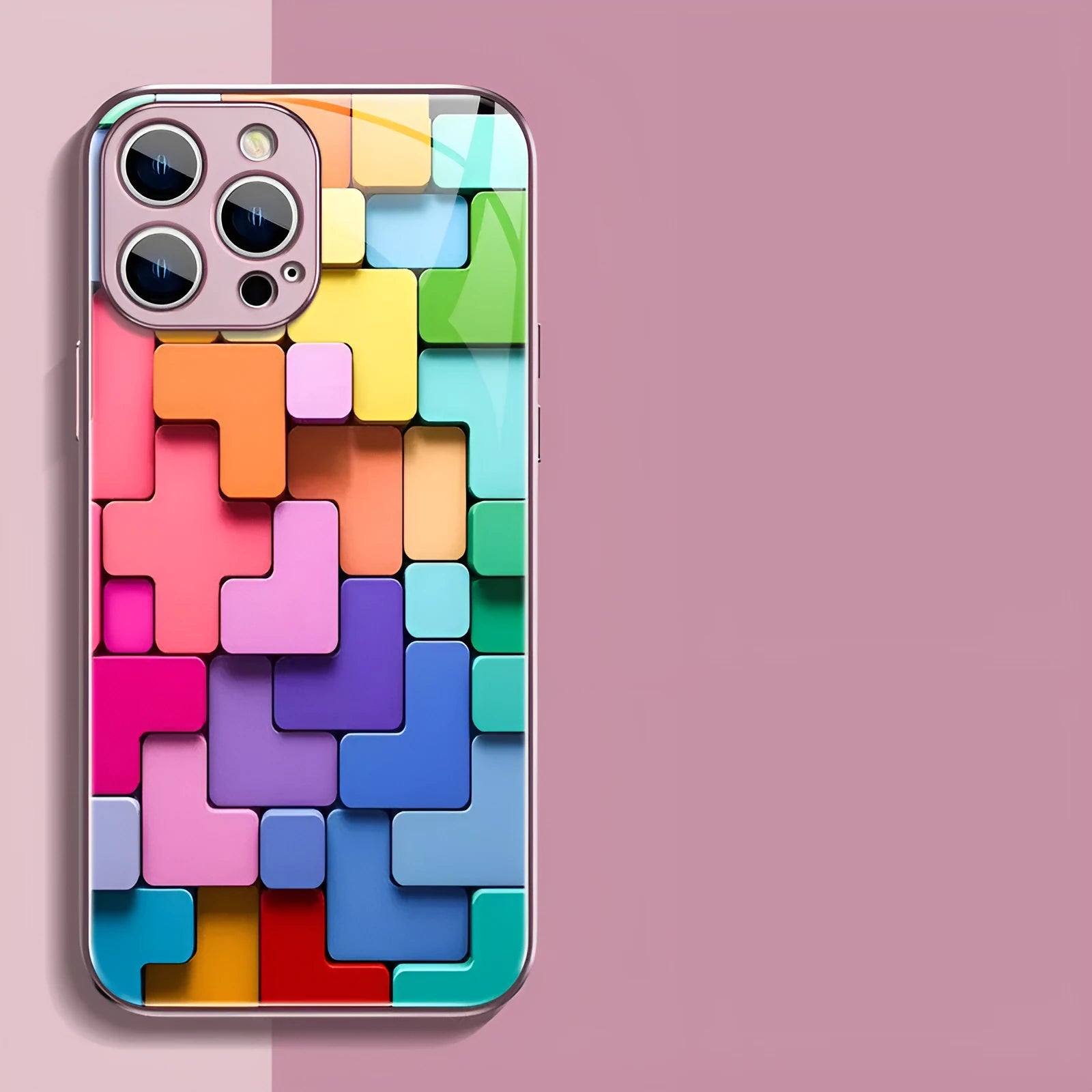 Colourful cartoon geometric design silicone back cover case for iPhone 14 Pro Max on a table.