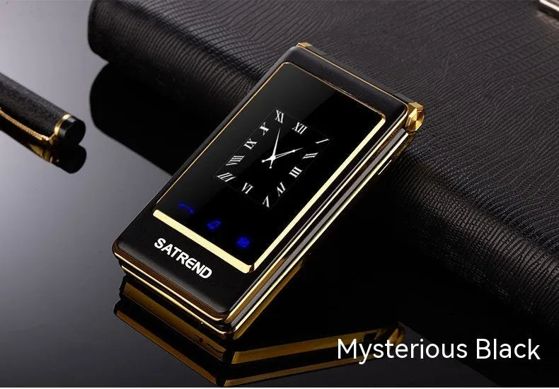 Dual screen flip A15 mobile phone in black, brown, or gold with touch screen and external display