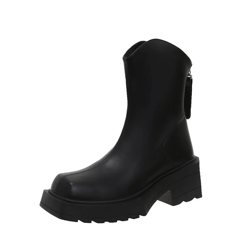 Black women's platform Martin boots with a square toe, high heel, and back zip.