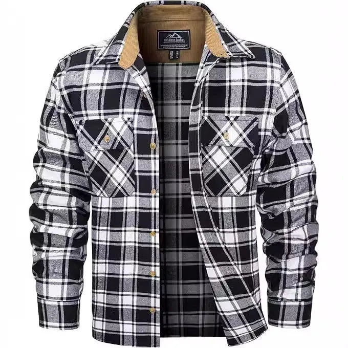 Man wearing a casual orange and black plaid flannel button-down shirt with long sleeves.