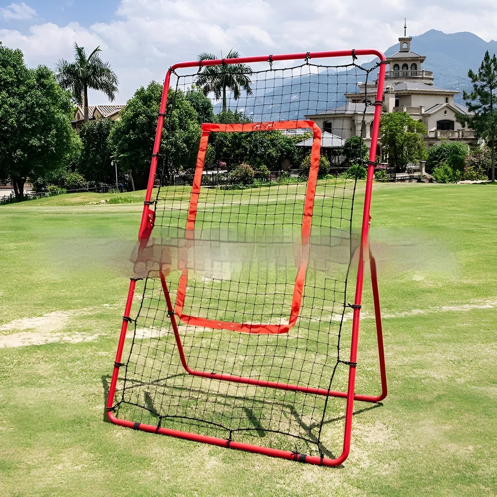 Red portable baseball training net with metal frame in 4x6 feet size