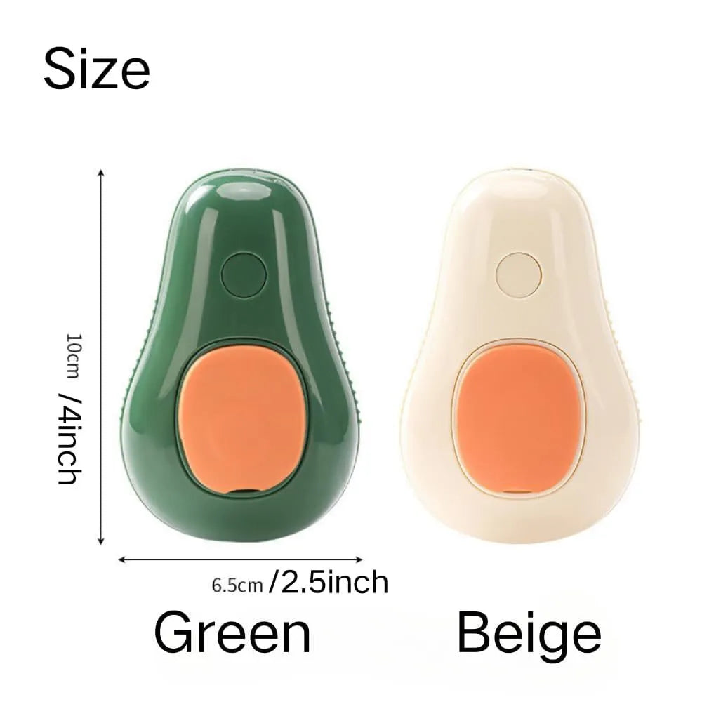 Green and white rechargeable cat steam brush with water spray tank and soft silicone bristles for pet grooming.