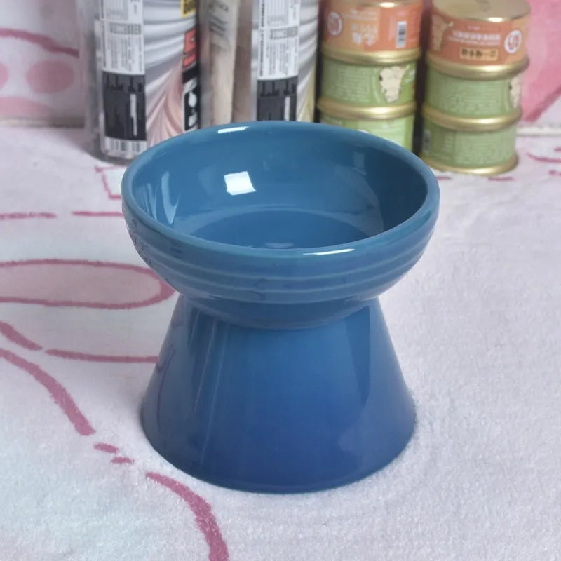 Black ceramic pet bowl with high foot and neck design for anti-tumble feeding