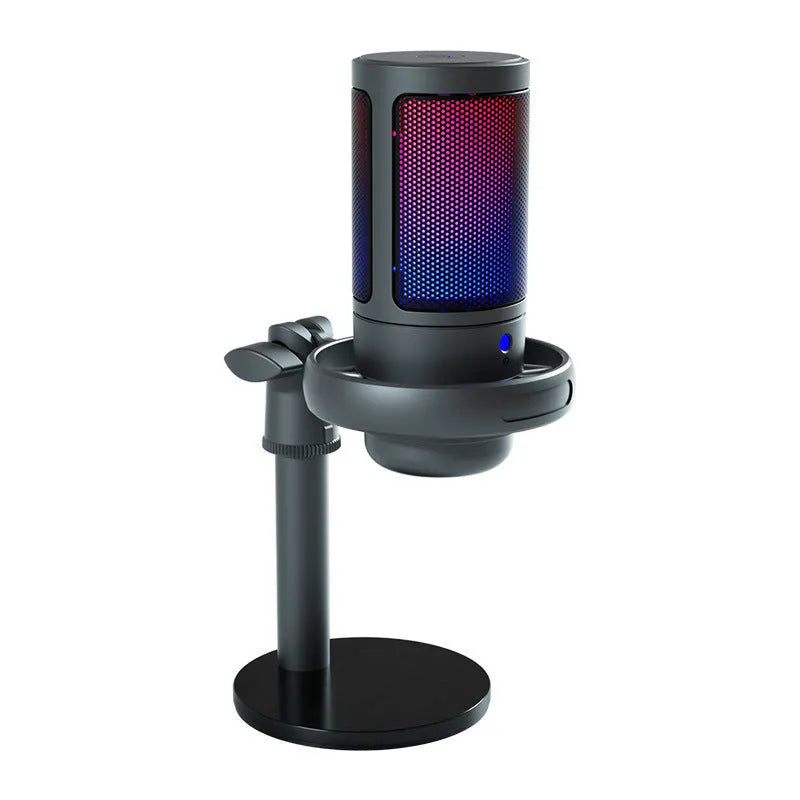 USB condenser microphone with colourful LED lights on cantilever stand for streaming and recording