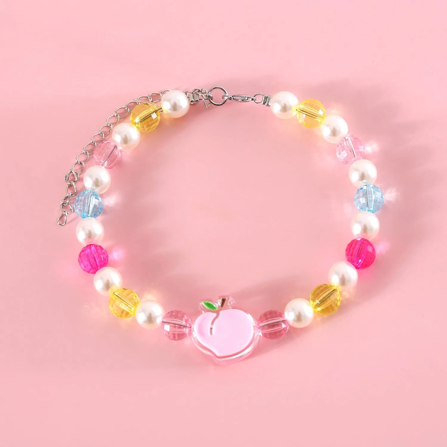 Colourful plastic pearl pet necklace with small flower, rainbow, or peach bead designs for cats