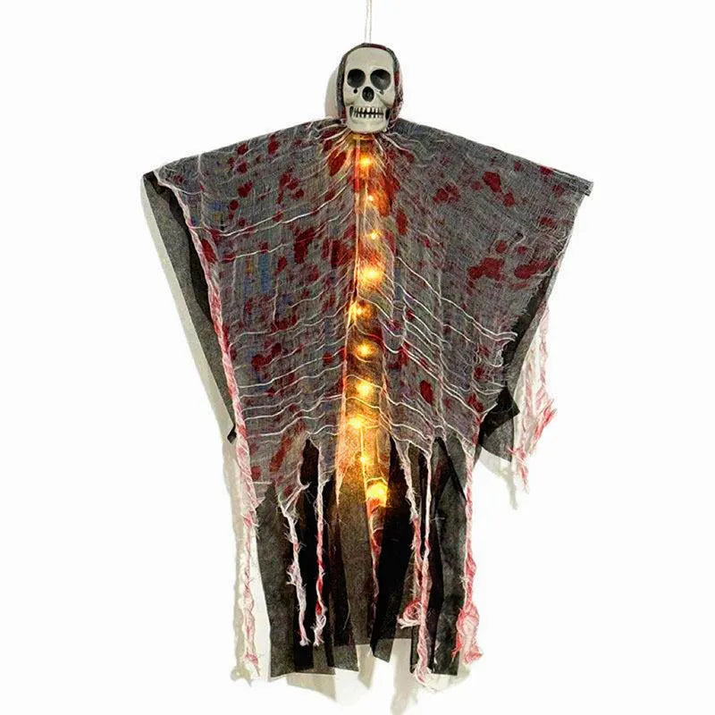 Plastic Halloween decoration featuring a blood-dyed luminous skull on a hanging ghost figure for outdoor displays.