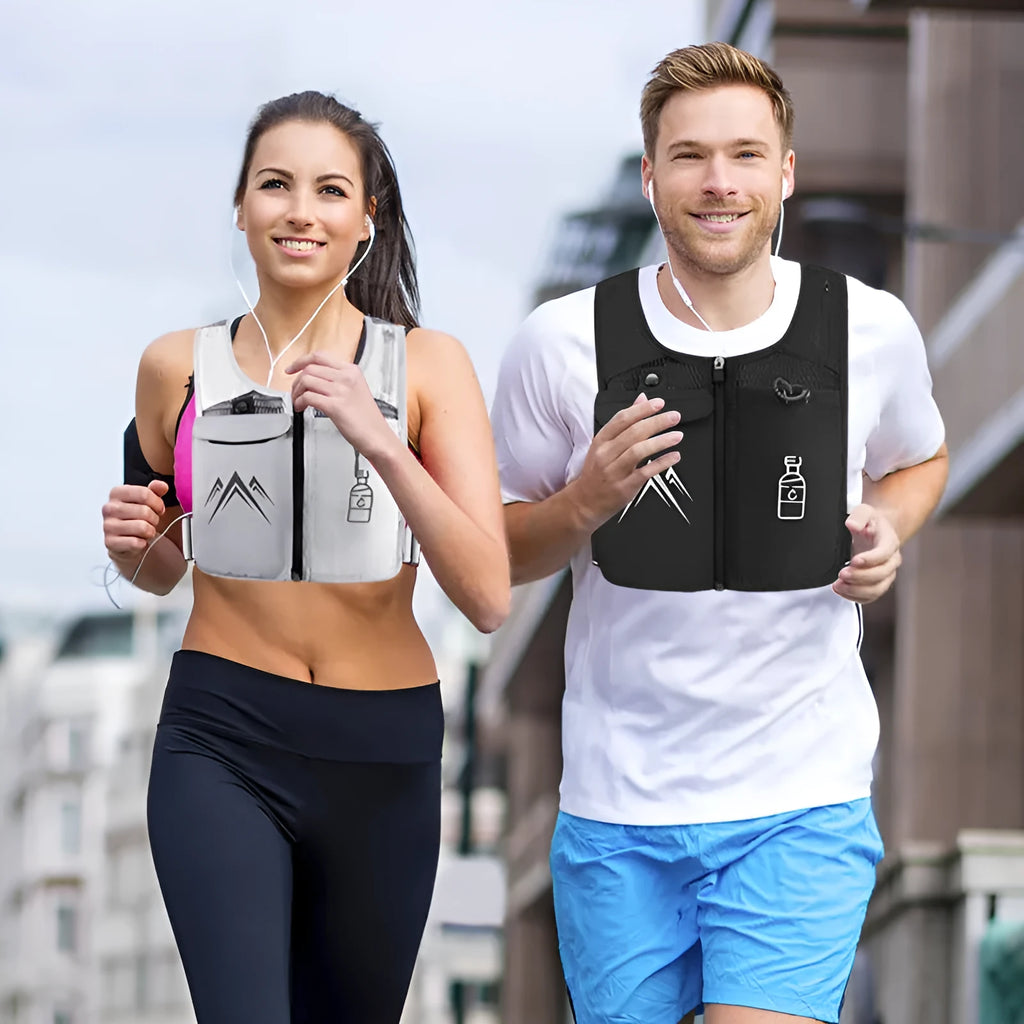 Sports running vest with integrated mobile phone bag in breathable mesh fabric
