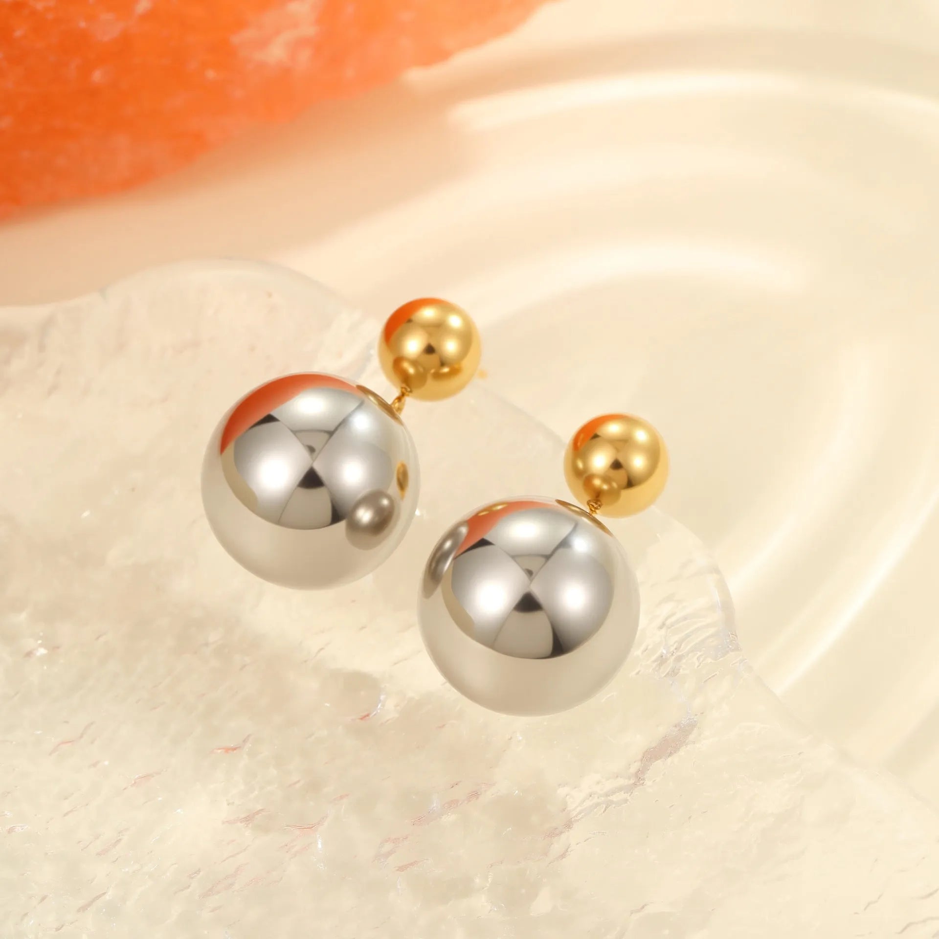 Women's stainless steel colour-block ear studs with round bead geometric design and electroplated 18K gold plating