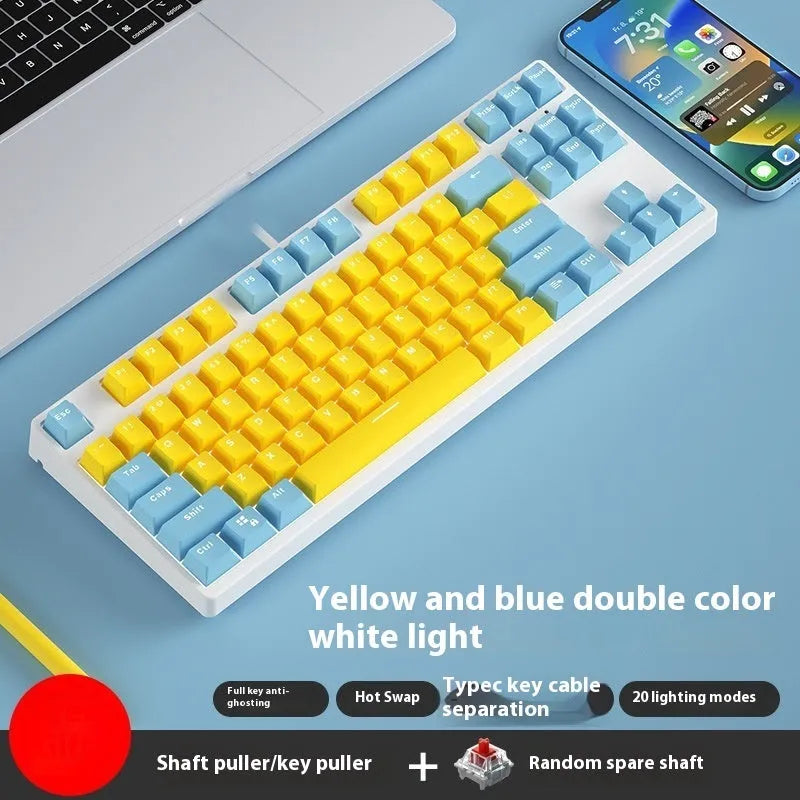 87-key wired mechanical gaming keyboard with hot-swappable switches shown in a two-tone colour scheme on a metal chassis.