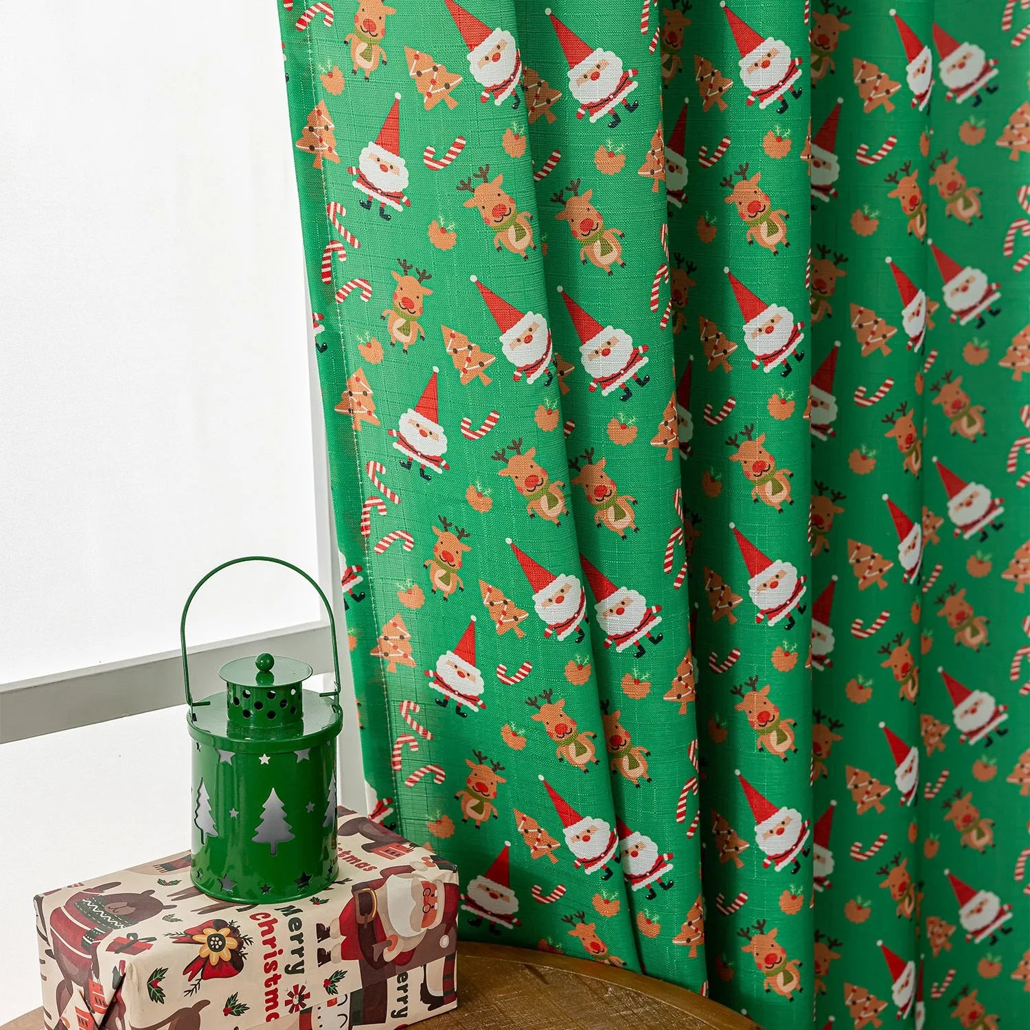 Green Christmas curtain with snowman and angel cartoon print pattern for living room window