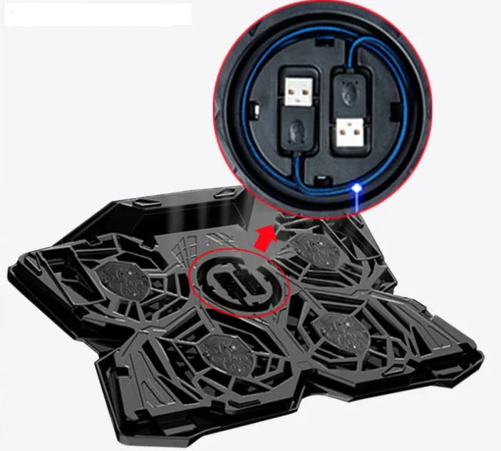 Blue laptop cooling base with four illuminated fans and two USB ports for computer heat dissipation