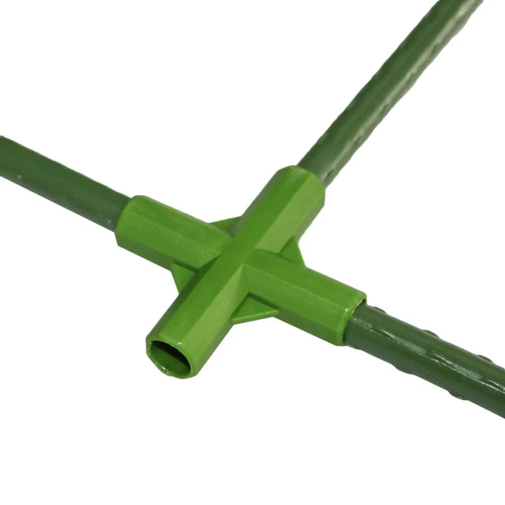 White plastic three-way and four-way garden stake connectors for building 11mm plant support frames.