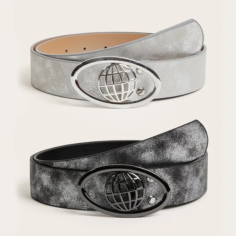 Women's retro thick belt with oval alloy buckle on antique finish PU leather in multiple colour options