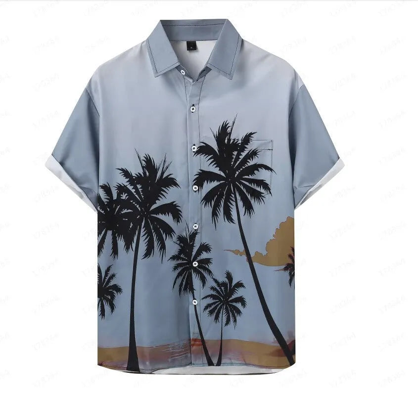 Men's short-sleeved Hawaiian shirt with a colourful 3D printed pattern on a polyester blend fabric.