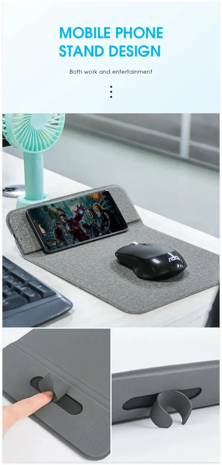 Foldable cloth wireless phone charging holder showing 10W power and 8mm charging distance.
