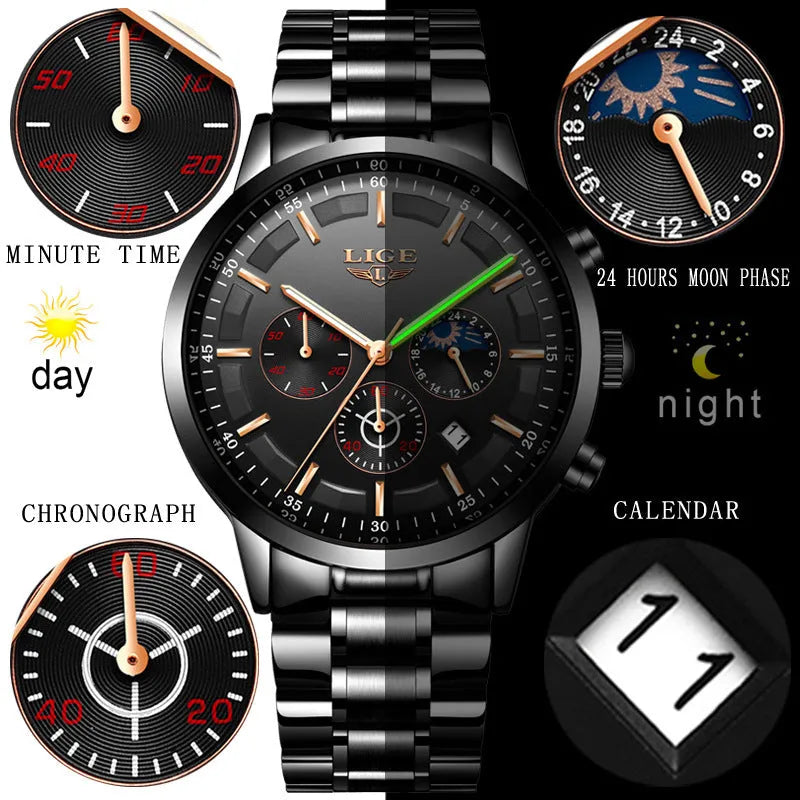 Men's black and rose red gold waterproof sports watch with quartz movement on wrist.