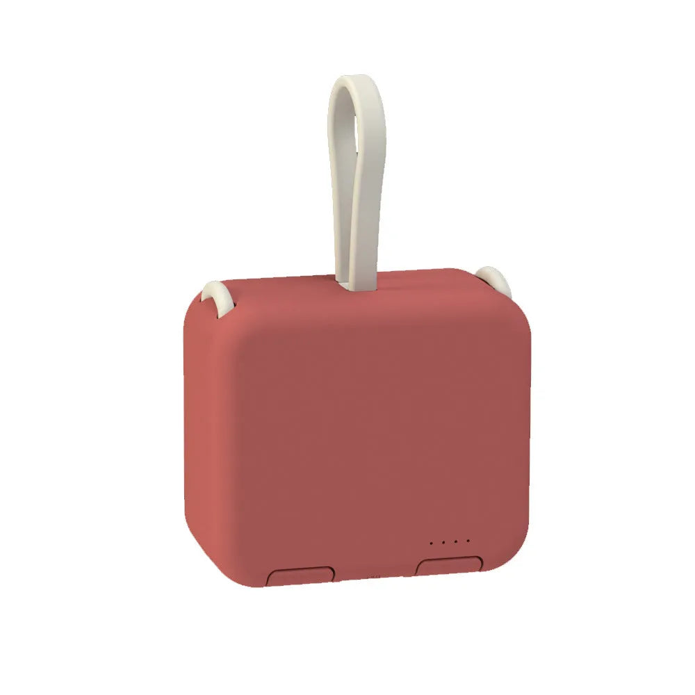 Handbag back clip power bank in blue showing USB-A and Type-C ports and integrated phone stand function.