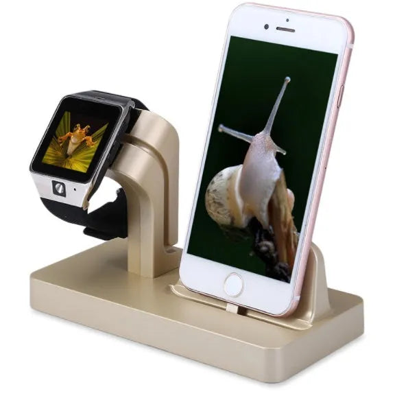 White 2-in-1 charging dock station holding iPhone and Apple Watch with cable management cutout