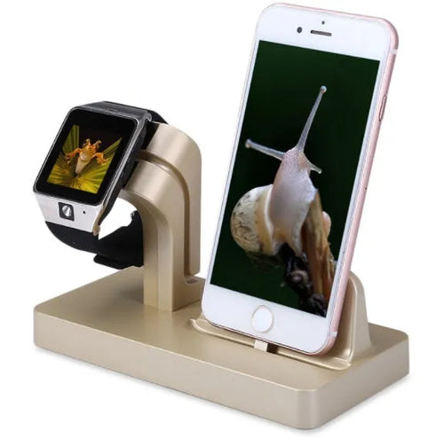 White 2-in-1 charging dock station holding iPhone and Apple Watch with cable management cutout