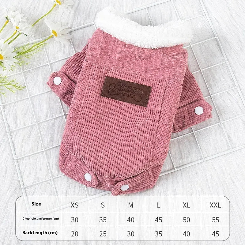 Lambswool fleece-lined padded vest for dogs and cats in grey or pink, shown in size range XS to XXL.