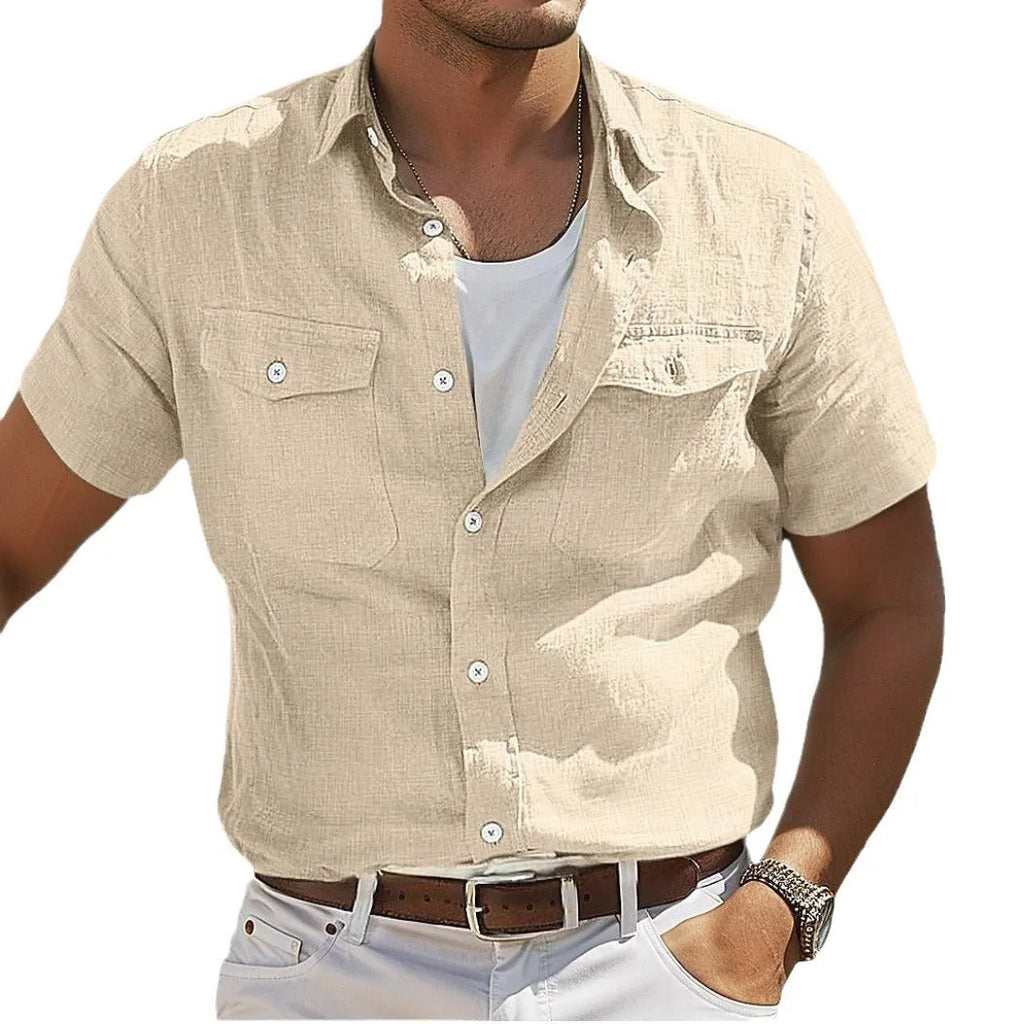 Men's cotton linen summer shirt with polo collar and long sleeves in loose fit style