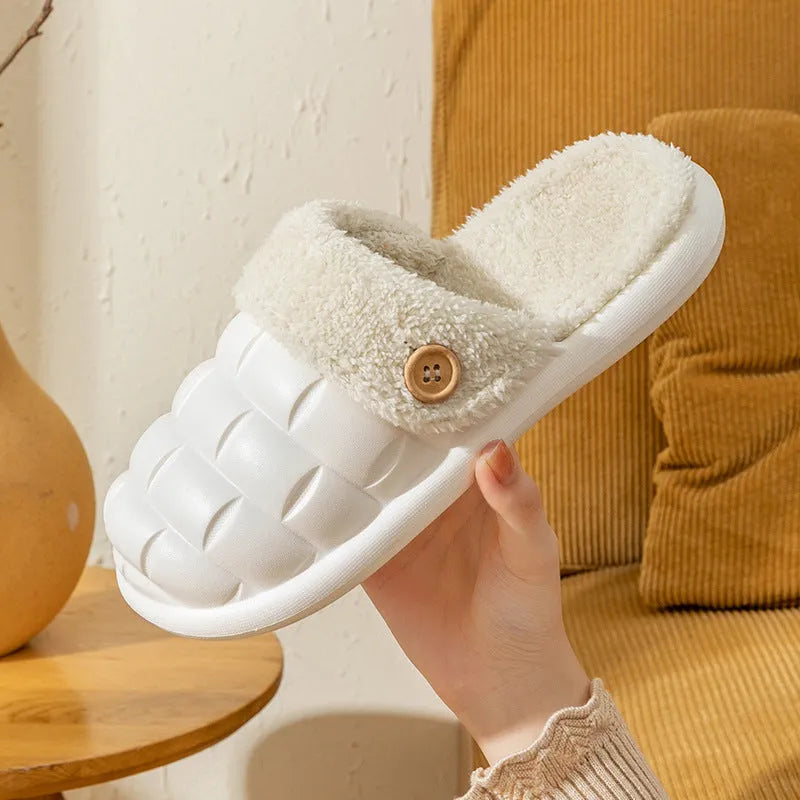 Pair of pink EVA detachable slippers with plush lining and textured anti-skid sole.