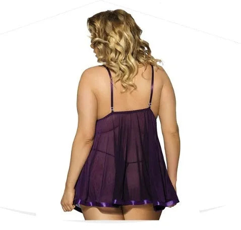 Plus size women's lingerie sleepdress with lace detailing in purple colour