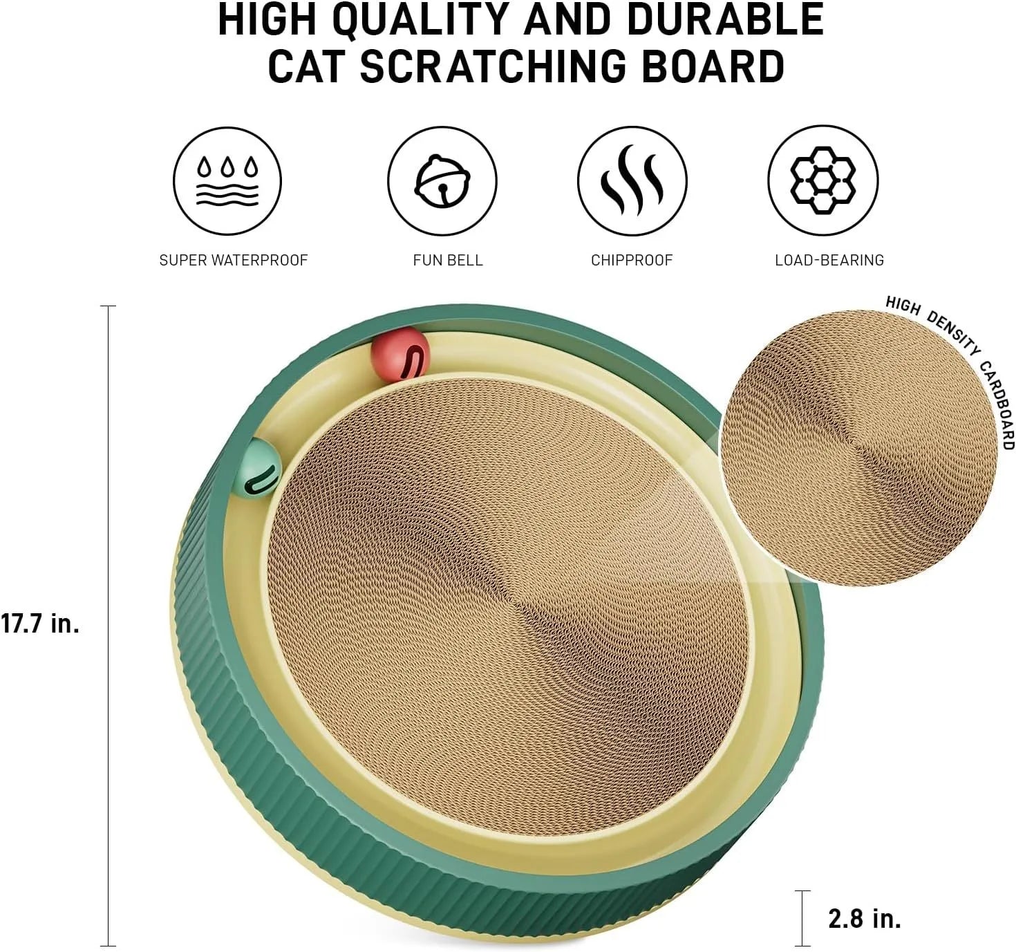 Large circular cat scratching board with integrated ball toys and replaceable cardboard core