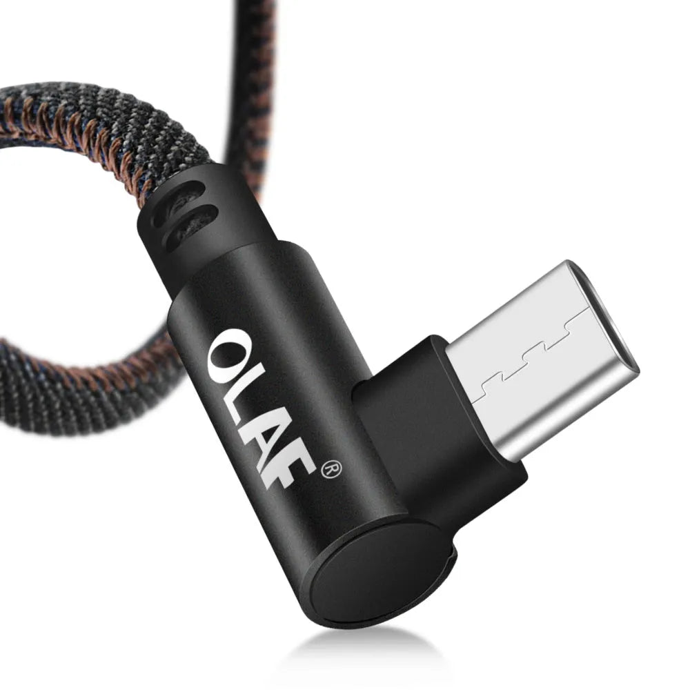 USB fast charging cable with denim fabric sleeve, showing Android and Type C connector options in red colour.