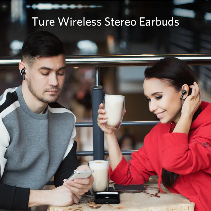 Black and white true wireless Bluetooth 5.0 earbuds with IPX5 waterproof rating.