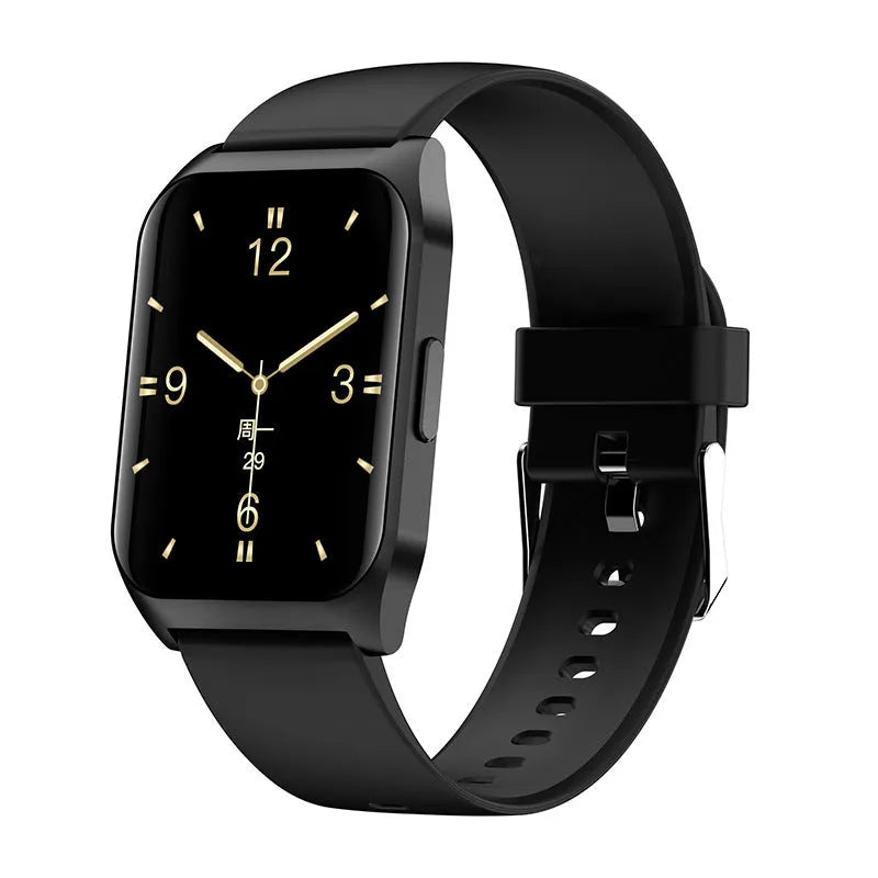 Black smart watch with 1.69-inch screen and silicone strap on wrist