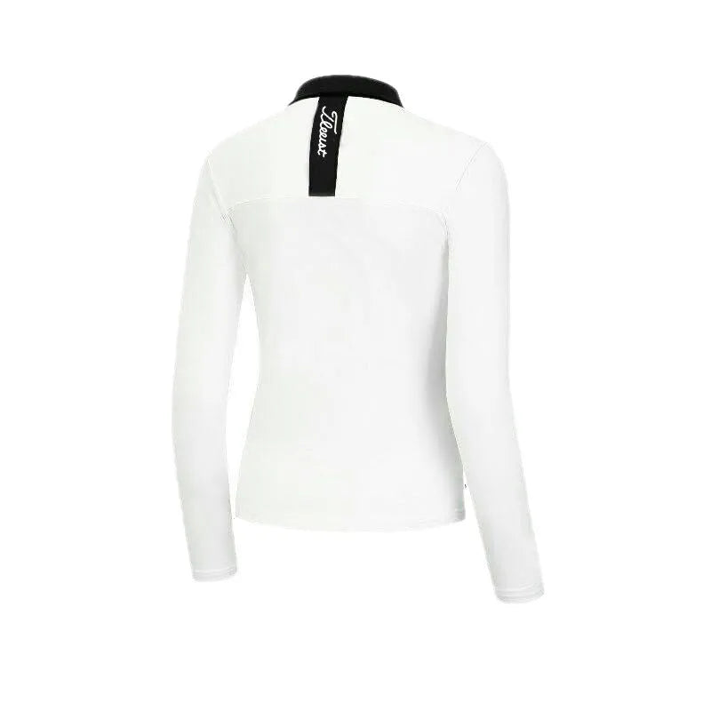 Women's long sleeve golf top in white and black colours with slim fit sportswear design