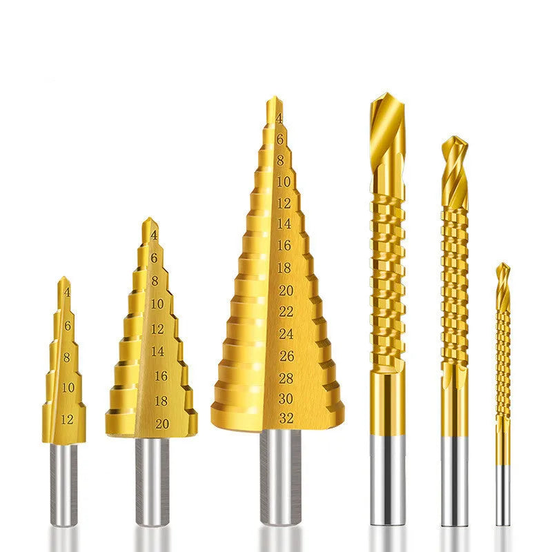 Step drill bit set with centre punch showing cone-shaped bits and colour-coded handles