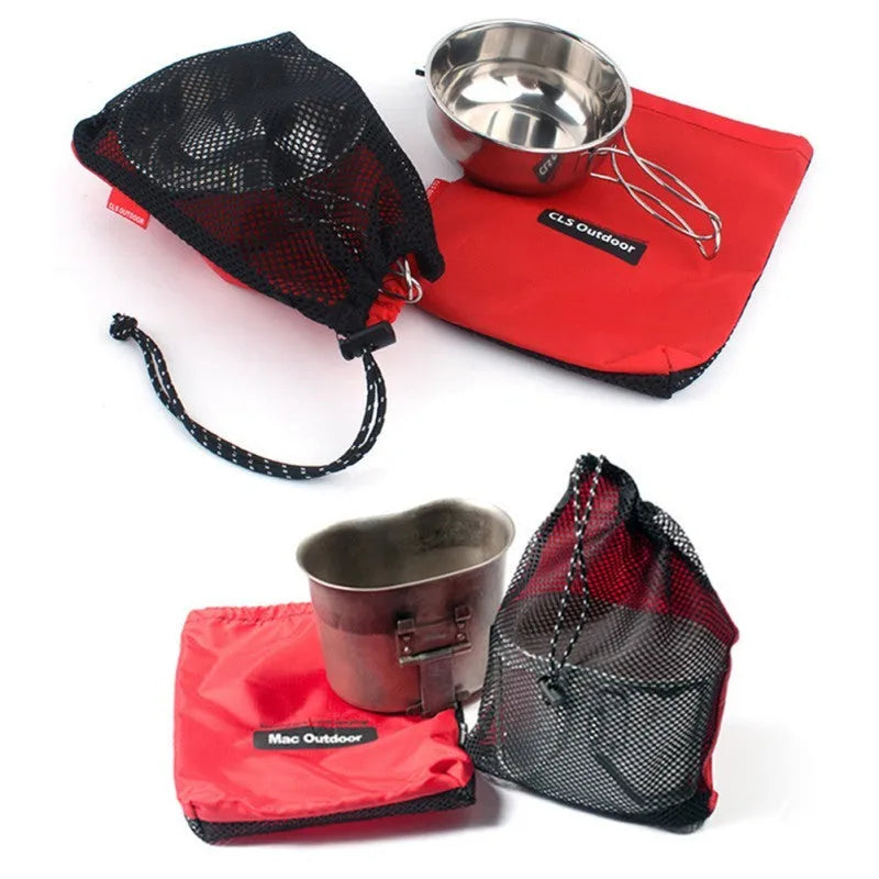 Red outdoor travel storage bag set with zippered compartments and mesh panels