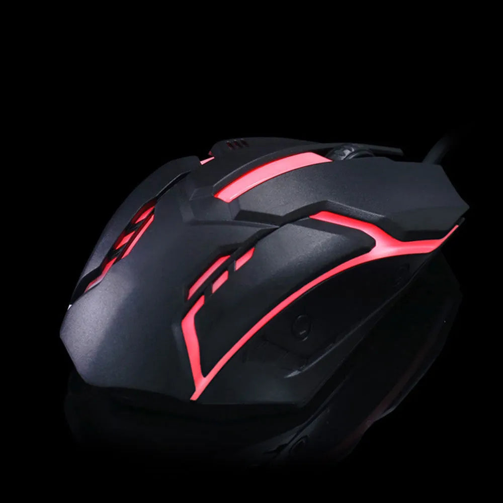 Wired USB computer mouse with LED glowing effects in black or white colour options on desktop
