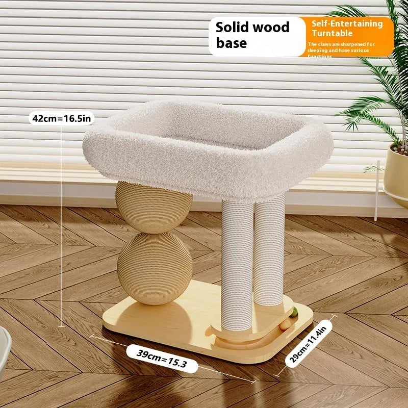 Pine wood cat nest with dual column double grasping balls in sisal style