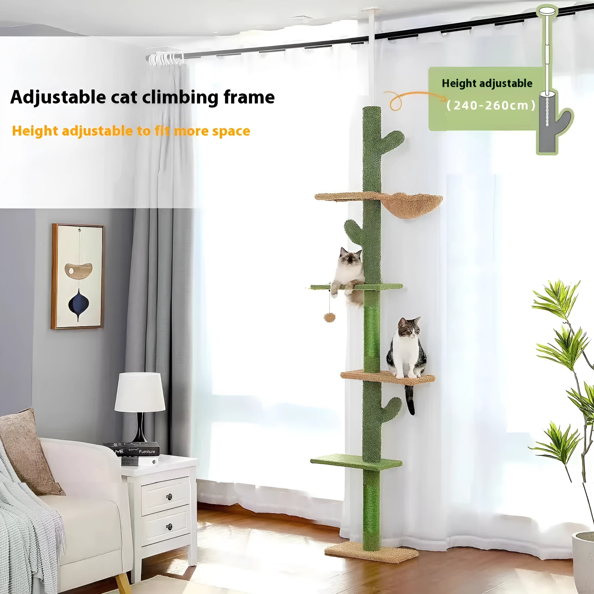 Tall solid wood cat climbing frame with integrated scratch board, high cat nest, and hidden toy compartment.