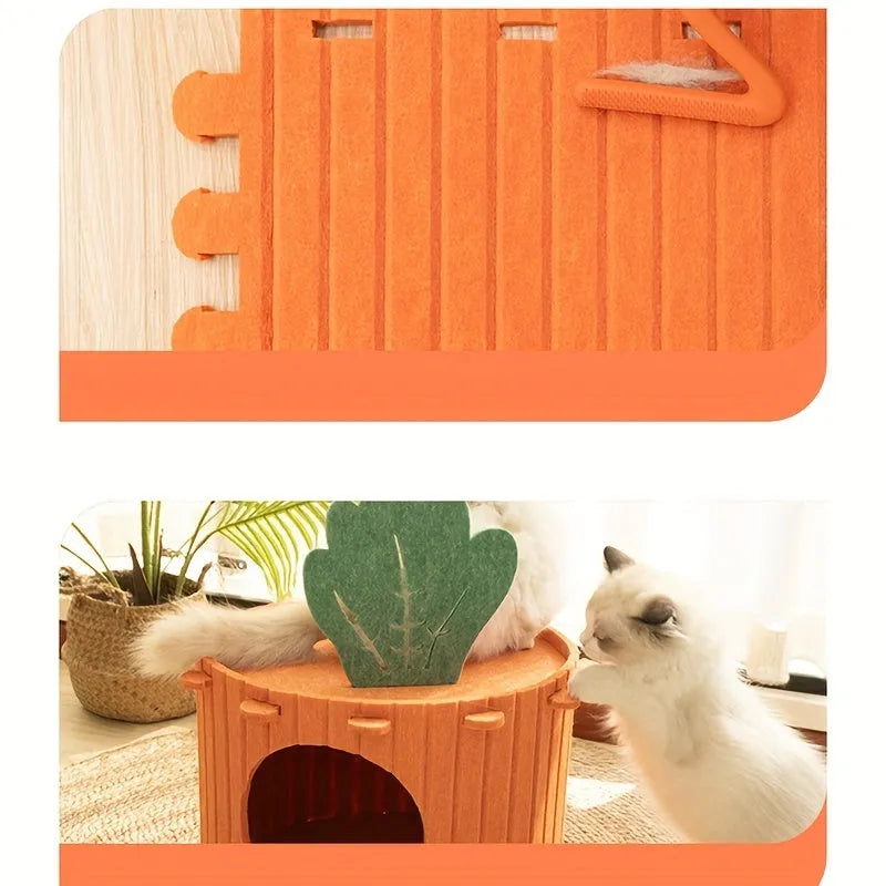 Carrot-themed cat nest with felt tunnel, semi-enclosed cattery in two size options.