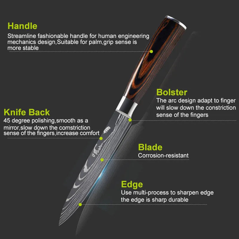 Kitchen chef knife with laser Damascus pattern on 7CR17 stainless steel blade and colour steel handle