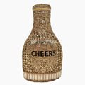 Champagne bottle shaped evening clutch with rhinestone details and metallic finish