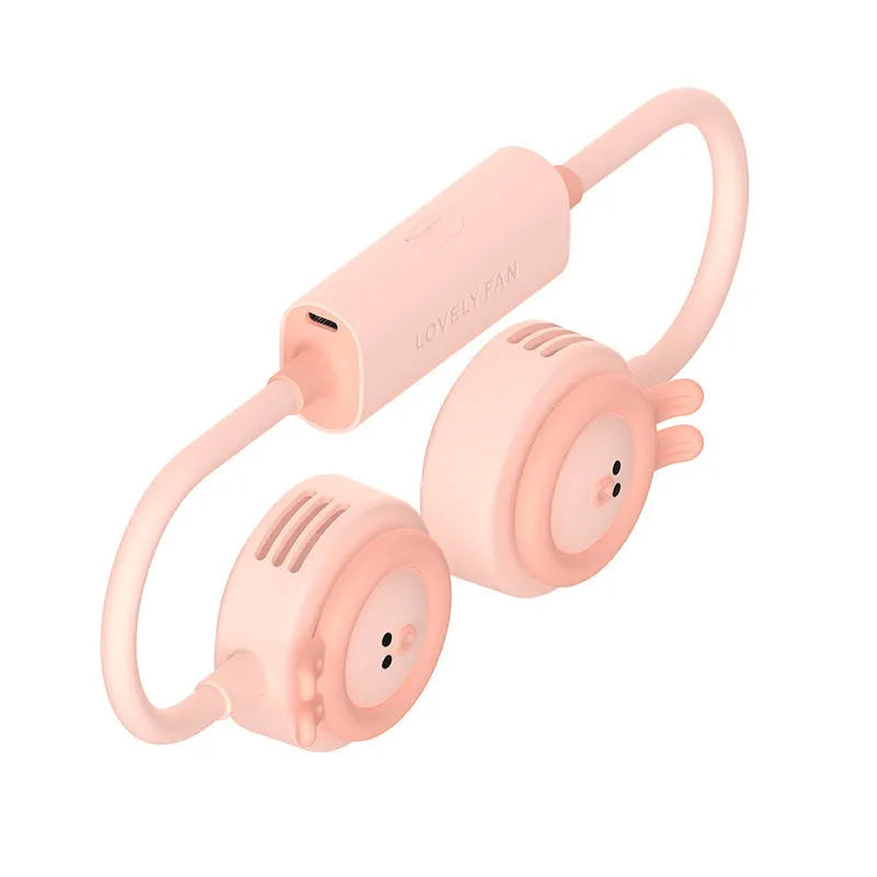 Sanhuo leafless hanging neck fan in pink folded position showing USB port