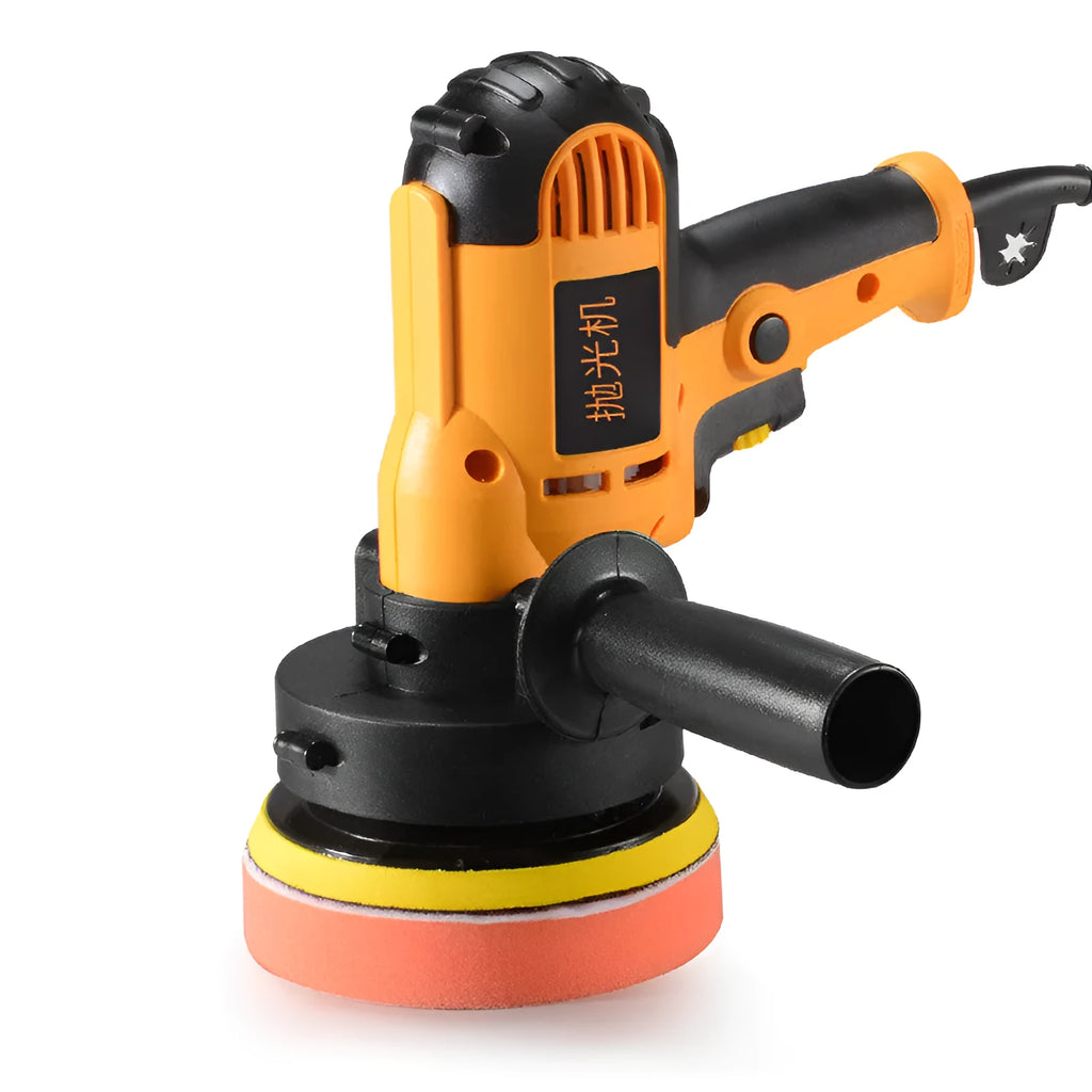Yellow automobile polishing machine with 125mm disc for automotive metal, wood, tile and leather surfaces
