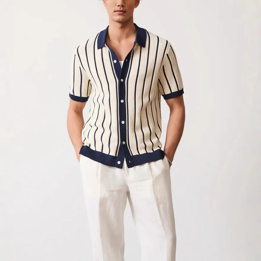 White men's knitted jumper with asymmetric design and striped pattern, featuring a lapel collar and short sleeves.