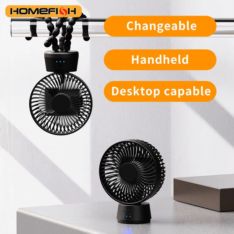 HOMEFISH F2 automatic shaking head portable fan with LED light on an adjustable bracket.