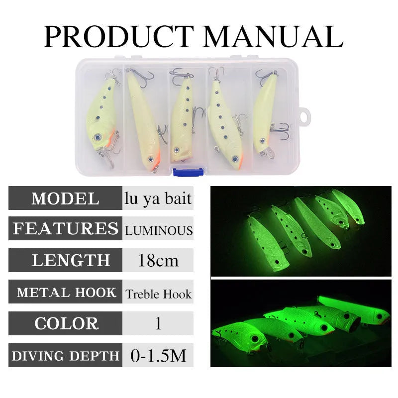 Set of 5 fluorescent simulation hard bait fishing lures with 3D submerged luminous design