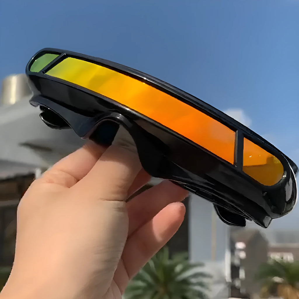 Black frame polarised sports sunglasses with blue mirror lenses in a full rim PC construction.