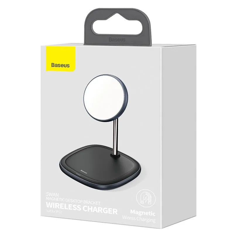 Black Swan magnetic wireless charging stand for Apple iPhone 12 series on a desk.