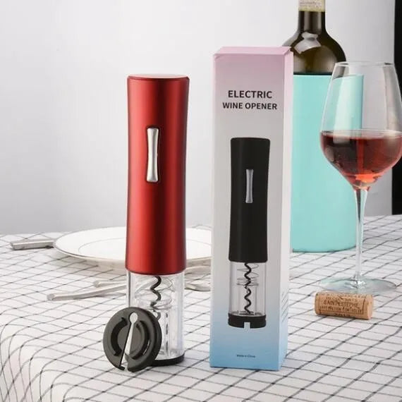 Black, red, and white electric wine bottle opener with foil cutter on a kitchen counter